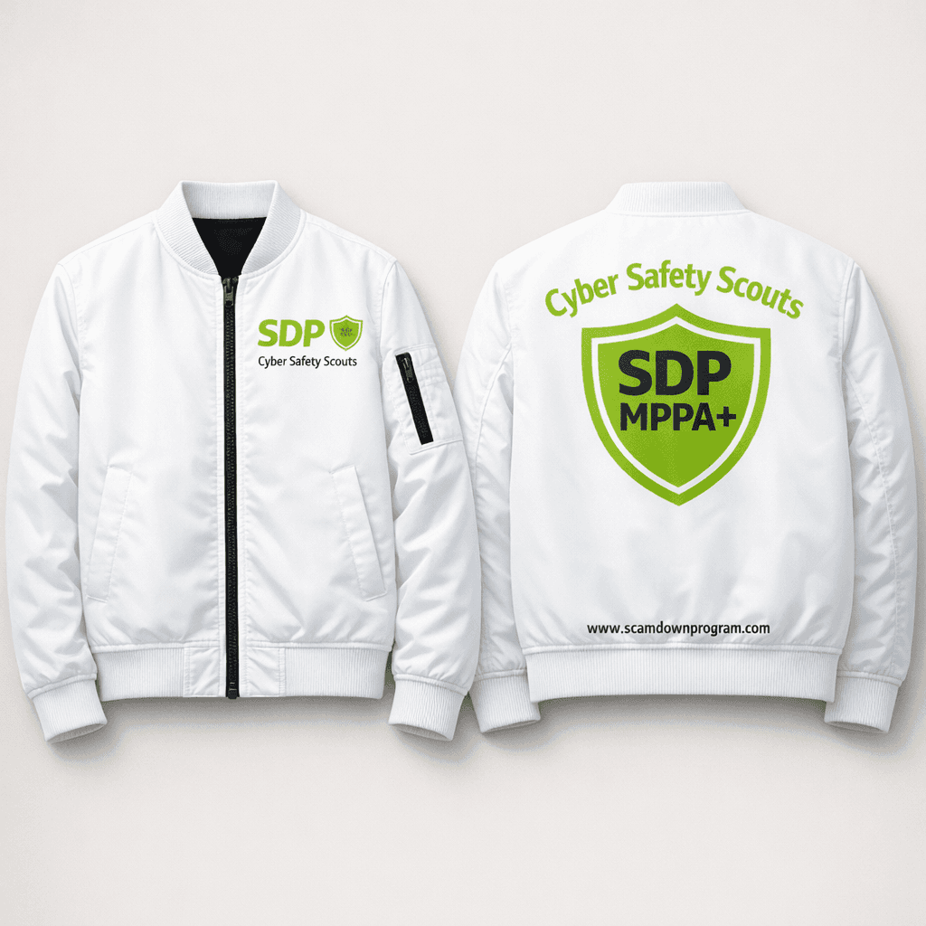 White Cyber Safety Scouts bomber jacket with lime green accents