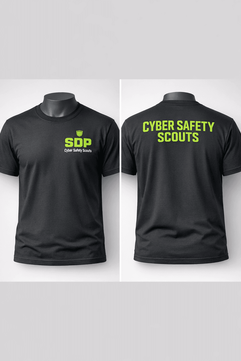 Cyber Safety Scouts black t-shirt with lime green branding