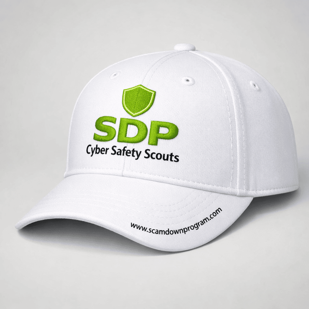 White Cyber Safety Scouts cap with lime green SDP shield