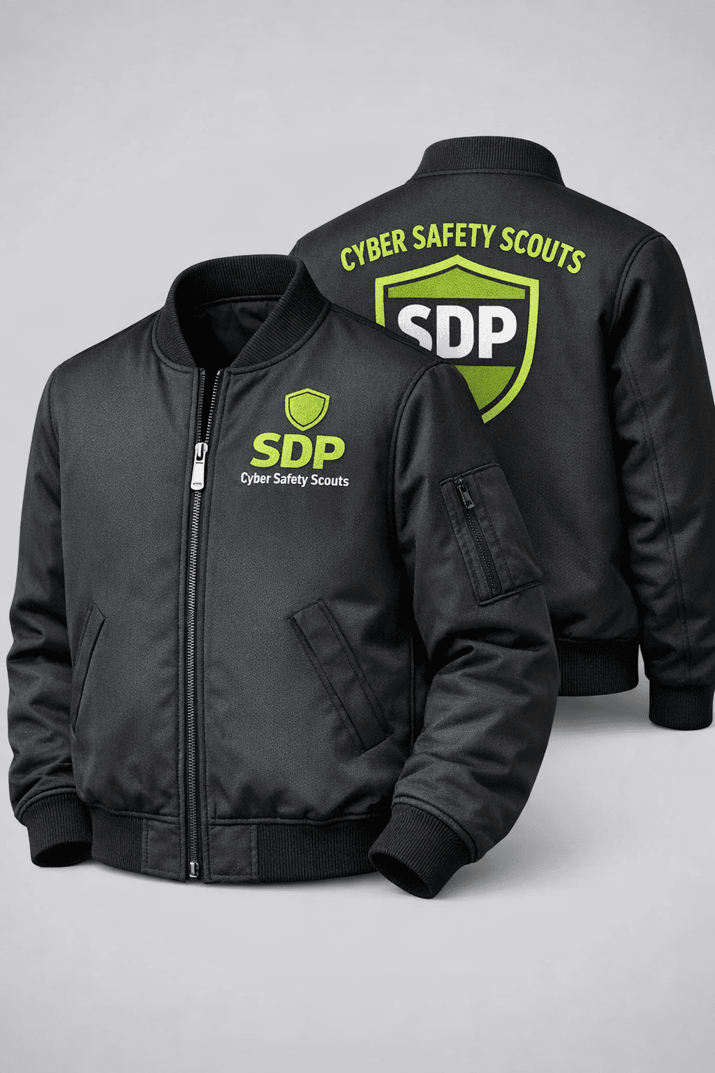 Cyber Safety Scouts black bomber jacket with lime green branding