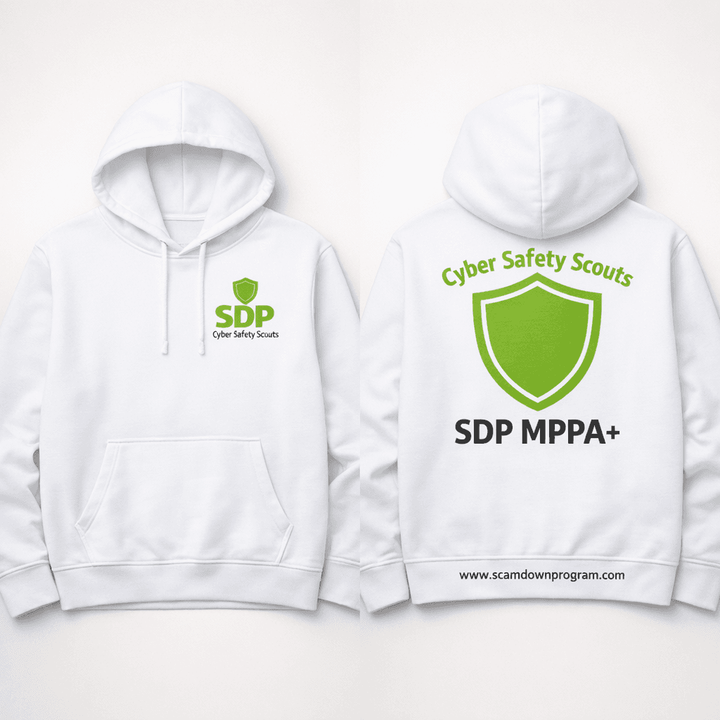 White Cyber Safety Scouts hoodie with lime green details