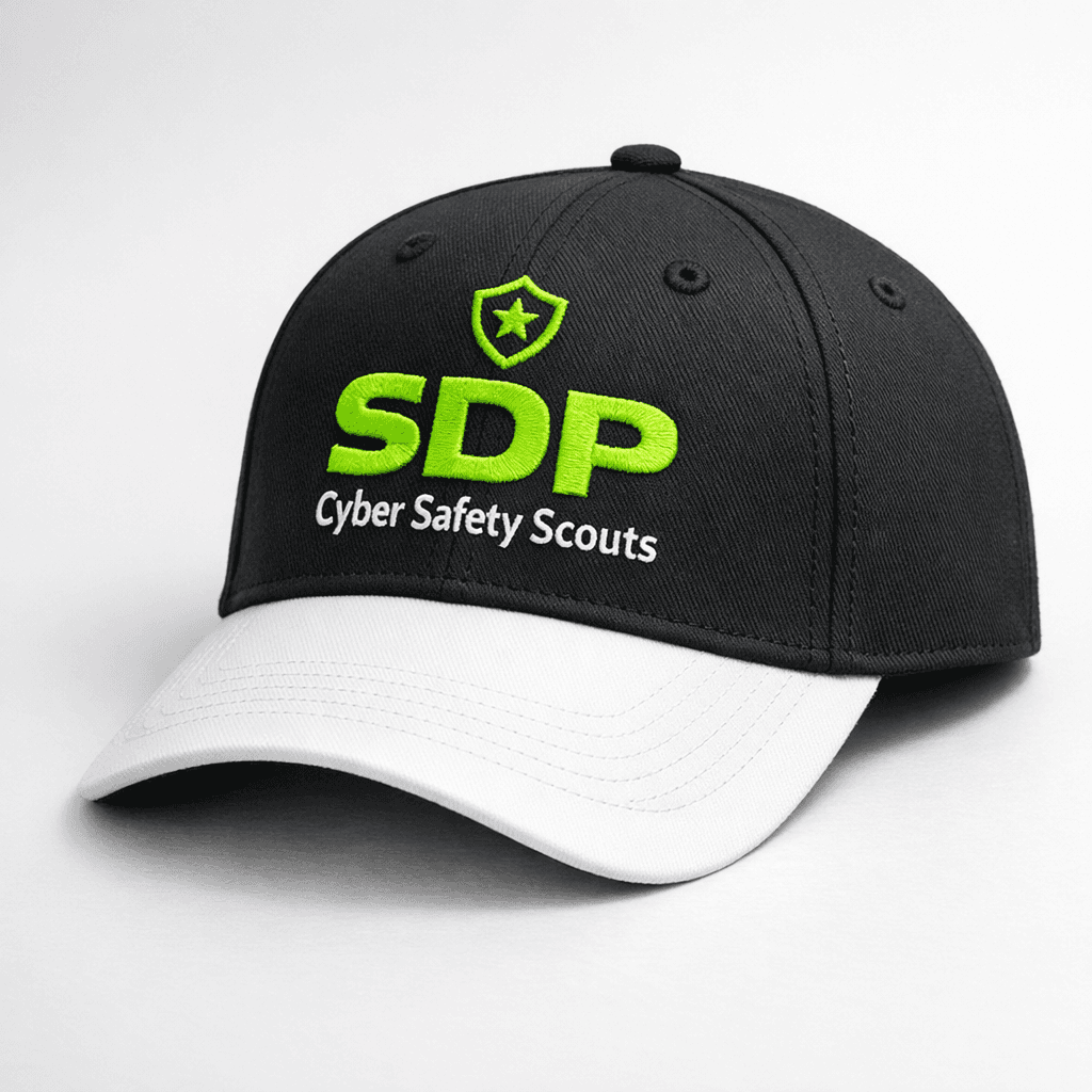 Cyber Safety Scouts black cap with lime green branding
