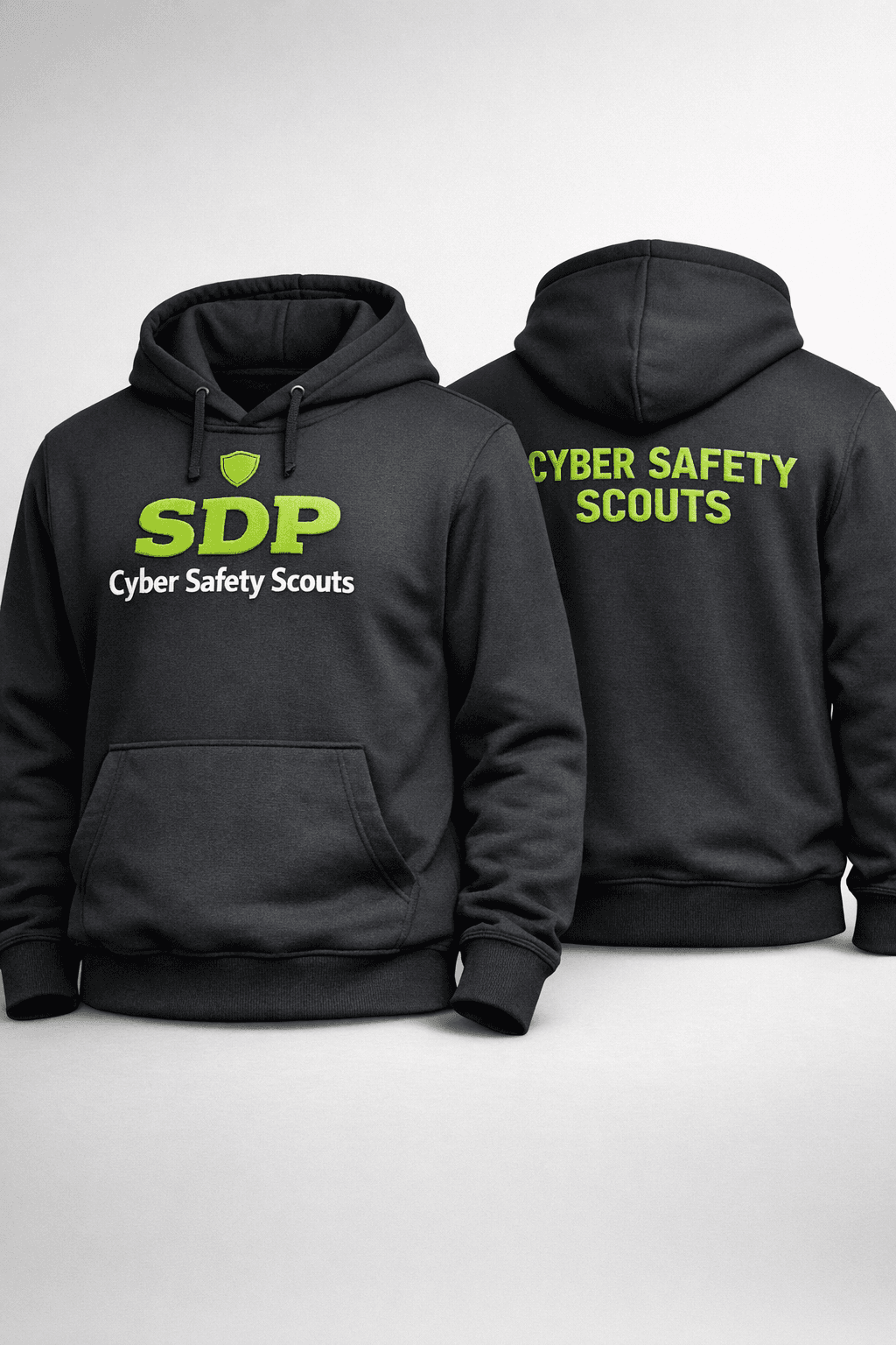 Cyber Safety Scouts black hoodie with lime green and white branding