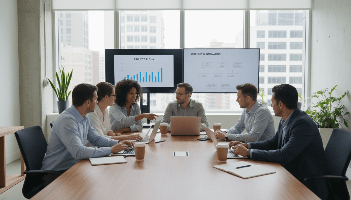 Corporate team collaborating in modern office environment