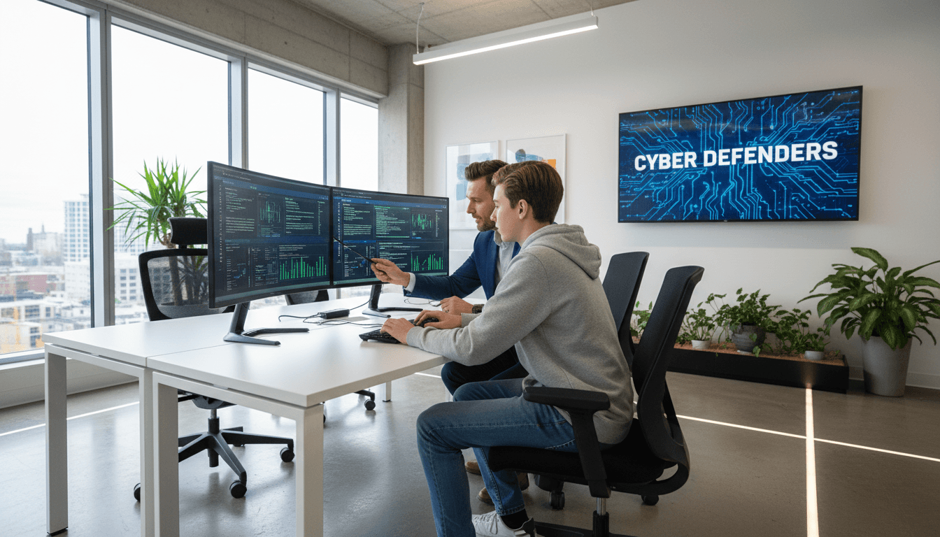 Young person learning cybersecurity skills with adult mentor supervision in professional environment