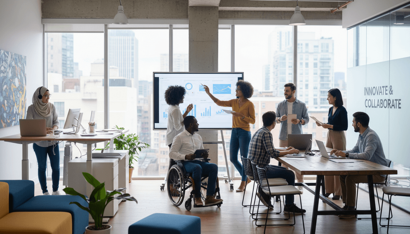 Diverse team working together on mission-driven project in modern office