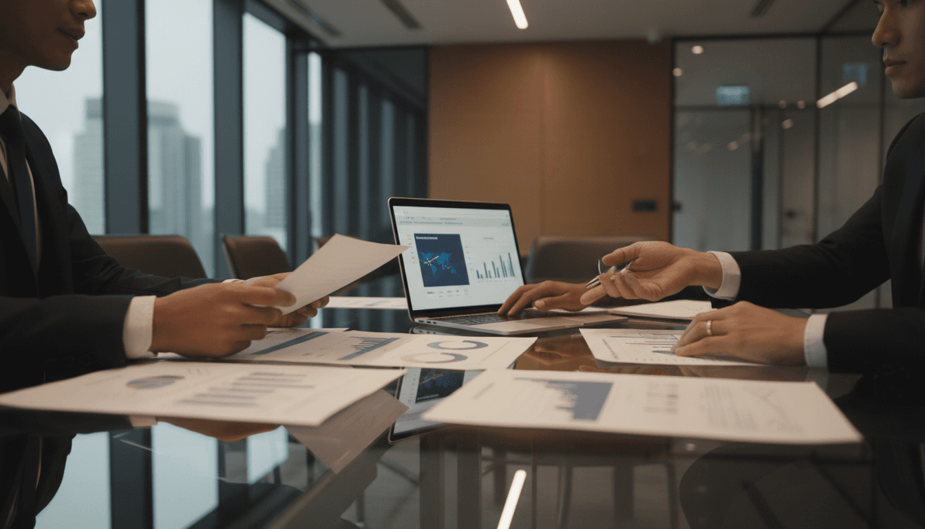 Professional business meeting setting with sponsorship documents and financial planning materials