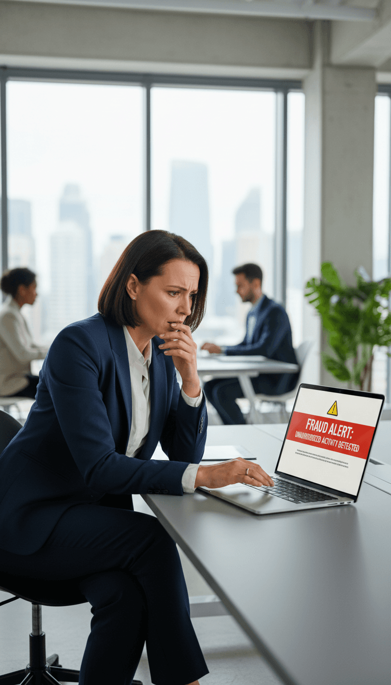 Professional concerned looking at laptop showing fraud warning