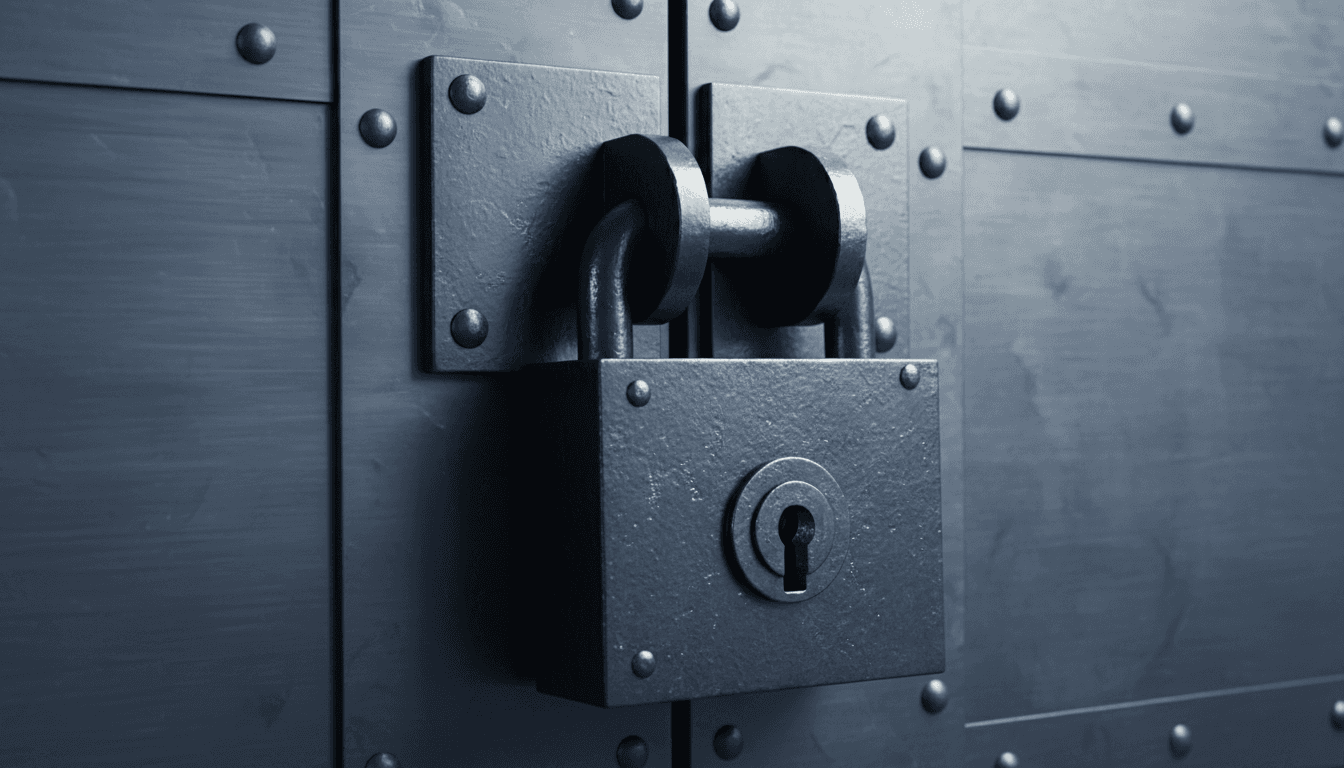 Close-up of a heavy steel lock on a secure metal door
