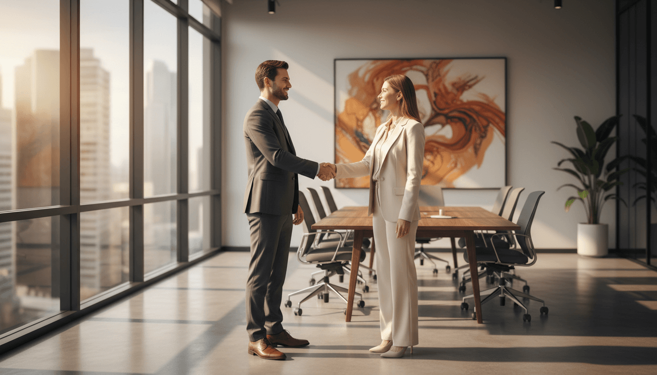 Two professionals shaking hands in a bright, modern office with warm lighting