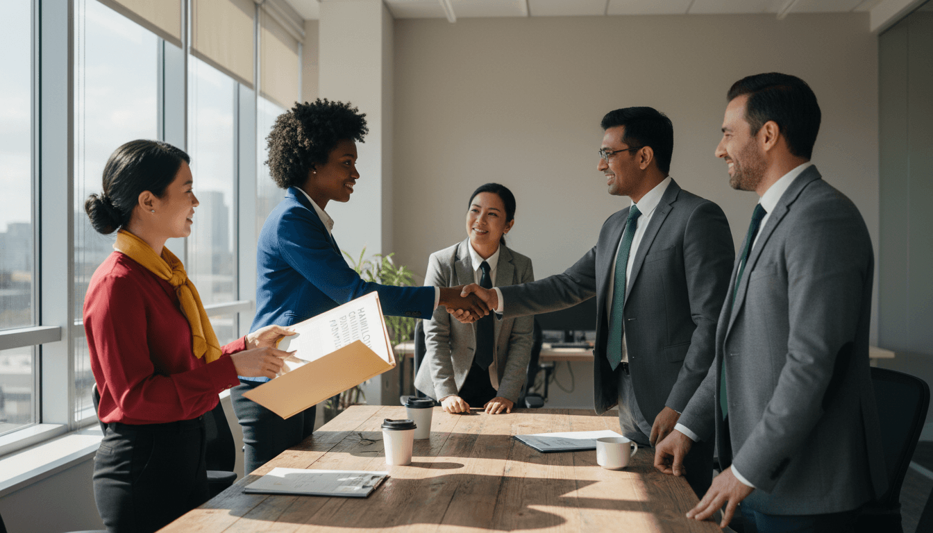 Local business owners collaborating on SCAM DOWN program partnership in Hamilton