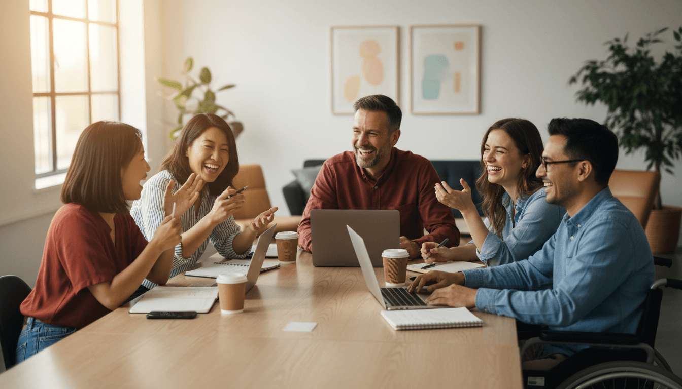 Team members and community members gathering together in a welcoming office space
